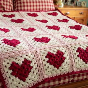 May include: A handmade crochet blanket with a repeating heart design in red and cream. The blanket is on a bed with a red and white gingham pattern. The bed frame is made of wood.