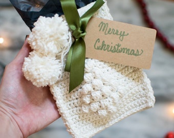 Christmas Gift Bag Crochet Pattern, gift card holder, teacher gift, cutlery holder, bobble tree design, downloadable PDF