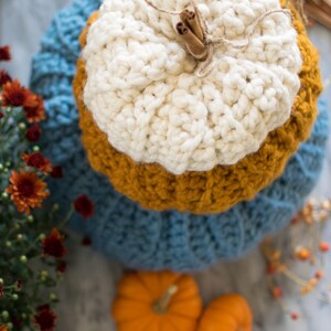May include: A crocheted pumpkin decoration in blue, yellow, and white with cinnamon sticks and twine on top. Two small orange pumpkins are in the foreground.