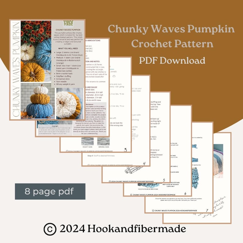 May include: A crochet pattern for making chunky wave pumpkins. The pattern is an 8-page PDF download and includes instructions for making three different sizes of pumpkins. The pattern is available for purchase from Hookandfibermade.