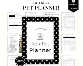 Editable Pet Planner Bundle| New Puppy Planner |Pet Health|Dog Training Log|Pet Organizer|Vaccination Record|Cat Care Journal|Canva Template