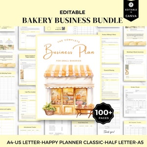 May include: A complete bakery business bundle with over 100 pages, including a business plan, marketing materials, and financial planning templates. The cover features a watercolor illustration of a bakery. The text reads "Editable in Canva."