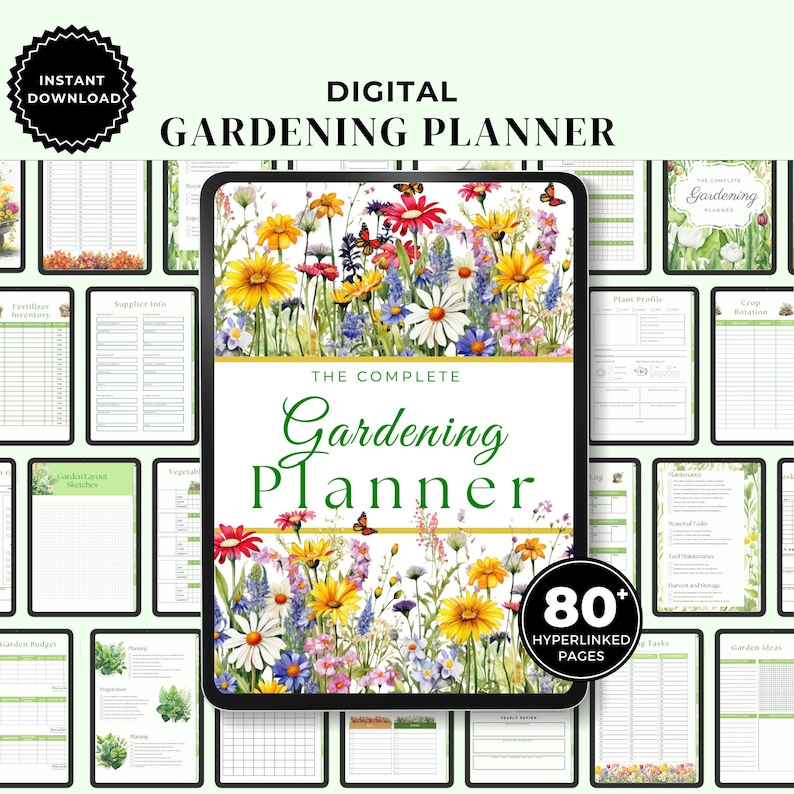 May include: Digital gardening planner with a floral design on the cover. The planner includes 80+ hyperlinked pages with sections for plant profiles, crop rotation, seasonal tasks, and more.