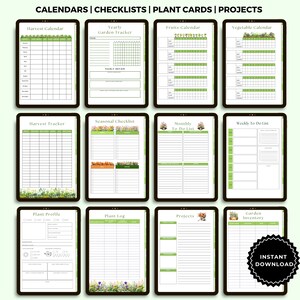 May include: Printable digital planner pages for gardening, featuring calendars, checklists, plant cards, and project pages. The pages have a green and white color scheme with floral illustrations.