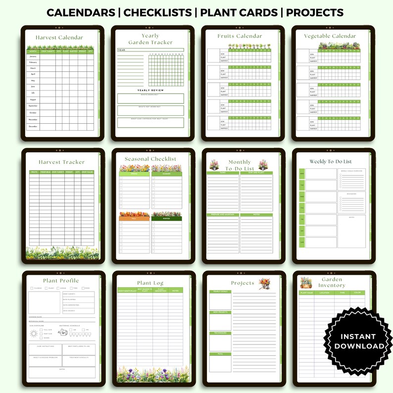 May include: Printable digital planner pages for gardening, featuring calendars, checklists, plant cards, and project pages. The pages have a green and white color scheme with floral illustrations.