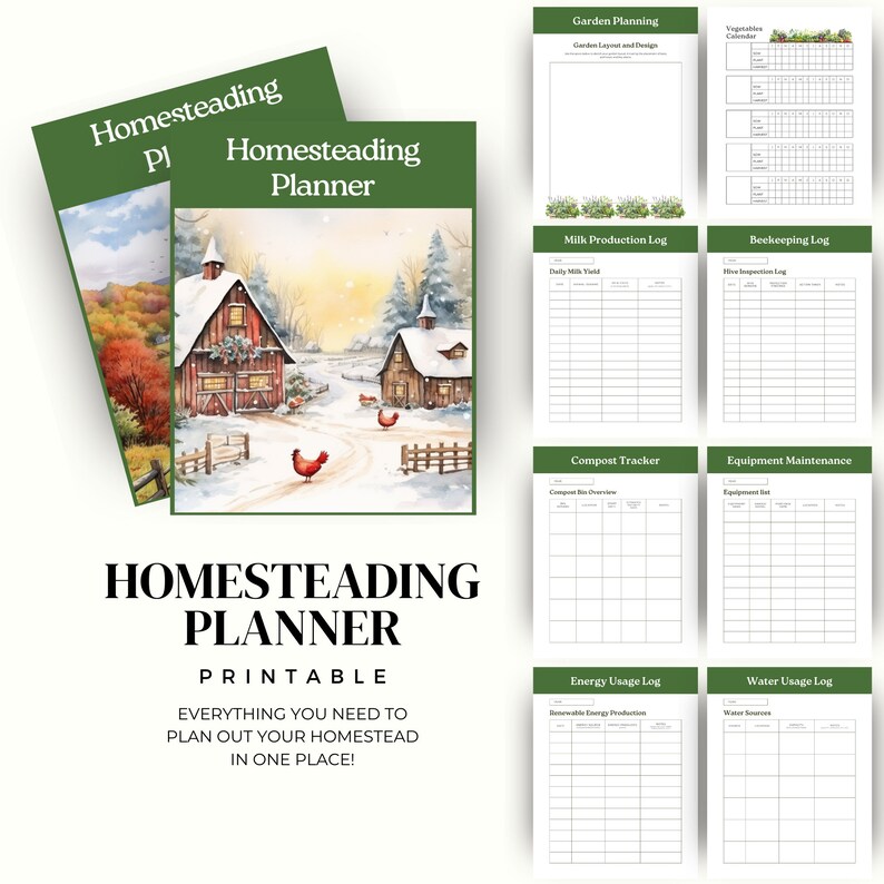 May include: A printable homesteading planner with a wintery scene of a red barn and a white farmhouse. The planner includes sections for garden planning, milk production, beekeeping, compost tracking, equipment maintenance, energy usage, and water usage.