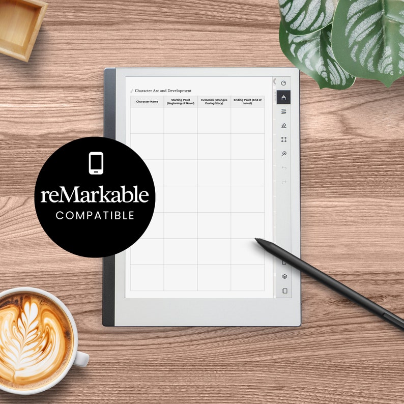May include: A digital tablet with a grid layout for character development notes, accompanied by a stylus. The tablet is labeled "reMarkable COMPATIBLE" and sits on a wooden surface, alongside a cup of coffee and a small wooden box.