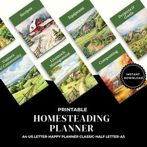 May include: Printable homesteading planner with a green cover and a watercolor illustration of a farmhouse and a path leading to it. The planner is available in A4, US Letter, Happy Planner Classic, and Half Letter sizes. The text "INSTANT DOWNLOAD" is visible in the lower right corner.