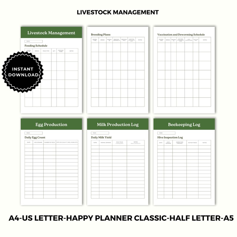 May include: Printable livestock management planner with sections for breeding plans, feeding schedules, vaccination and deworming, egg production, milk production, and beekeeping logs. The planner has a green and white color scheme.
