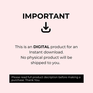 May include: A digital product announcement on a light pink background. The word "IMPORTANT" is in bold black letters above a black download icon. Text states it is a digital product for instant download, with no physical product shipped. A black box at the bottom says to read the full description before purchase.