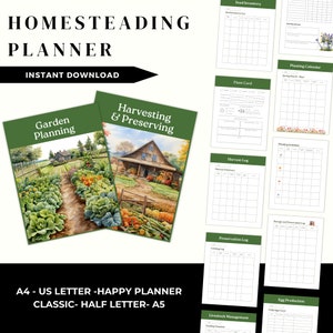May include: A printable homesteading planner with a green cover featuring a watercolor illustration of a garden. The planner includes sections for garden planning, harvesting and preserving, harvest log, preservation log, livestock management, egg production, seed inventory, and planting calendar.