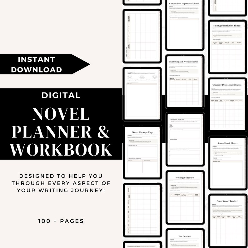 May include: Digital novel planner and workbook with the text "Instant Download." The cover features the text "Digital Novel Planner & Workbook" and "Designed to help you through every aspect of your writing journey!" Includes over 100 pages.