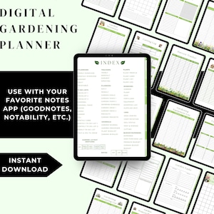 May include: A digital gardening planner with a green and white color scheme. The planner includes sections for calendars, trackers, plants, inventory, logs, and more. The planner is designed to be used with a digital note-taking app.