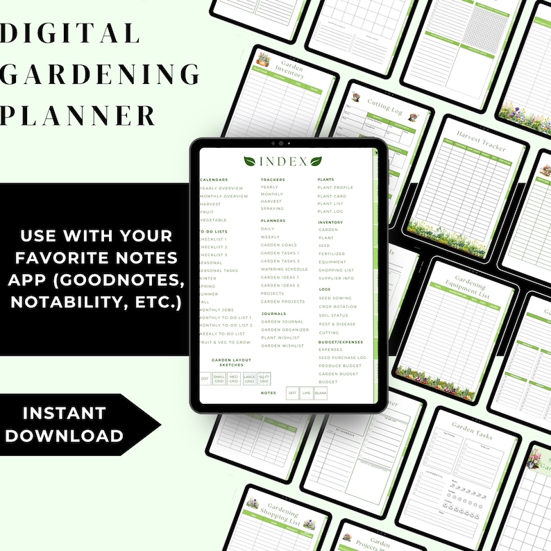 May include: A digital gardening planner with a green and white color scheme. The planner includes sections for calendars, trackers, plants, inventory, logs, and more. The planner is designed to be used with a digital note-taking app.