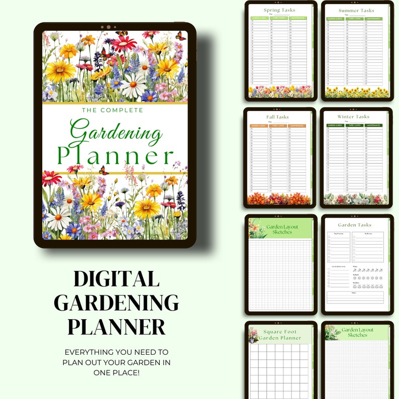 May include: A digital gardening planner with a floral design on the cover. The planner includes sections for spring, summer, fall, and winter tasks, as well as garden layout sketches and a square foot garden planner.