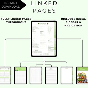 May include: A digital planner for gardening with linked pages, an index, sidebar, and navigation. The planner includes pages for seasonal tasks, garden layout sketches, notes, and plants.