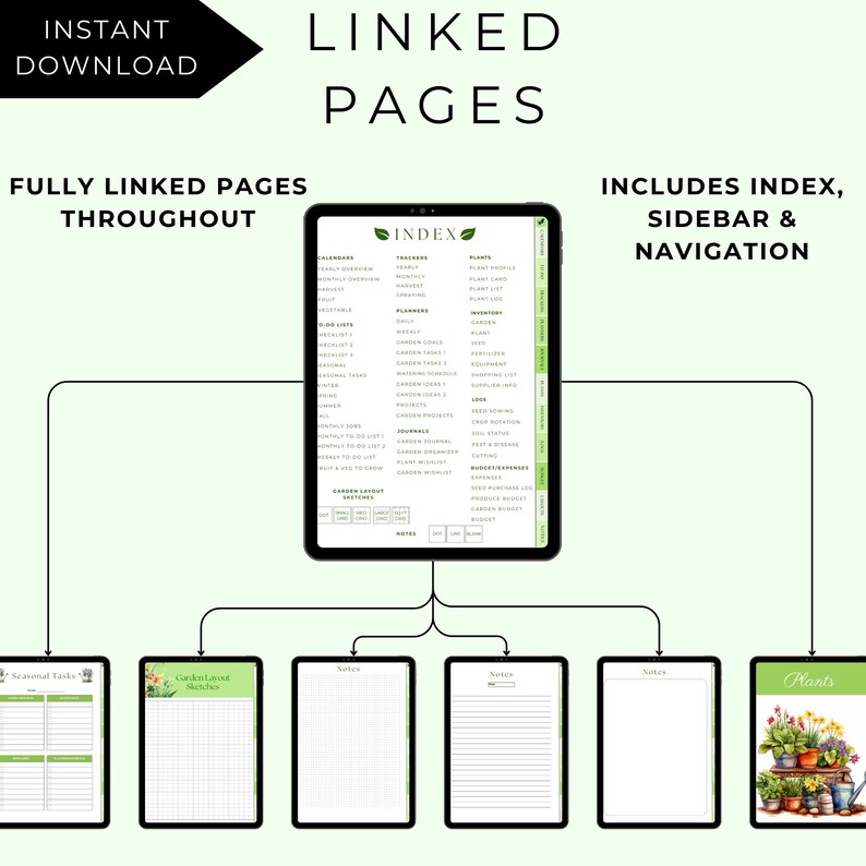 May include: A digital planner for gardening with linked pages, an index, sidebar, and navigation. The planner includes pages for seasonal tasks, garden layout sketches, notes, and plants.
