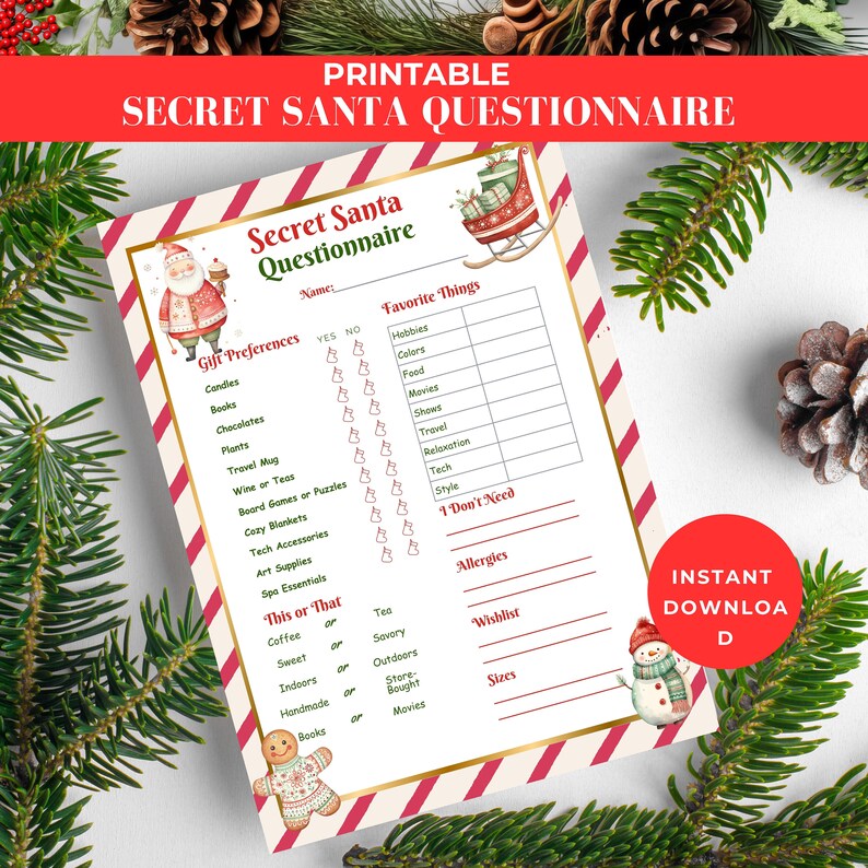 Printable Secret Santa Questionnaire for Work/office/family Gift