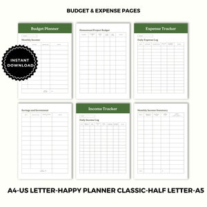 May include: Printable budget and expense tracker pages. The pages are designed for use with a Happy Planner Classic or similar planner. The pages include sections for monthly income, homestead project budget, daily expense log, savings and investment, daily income log, and monthly income summary.