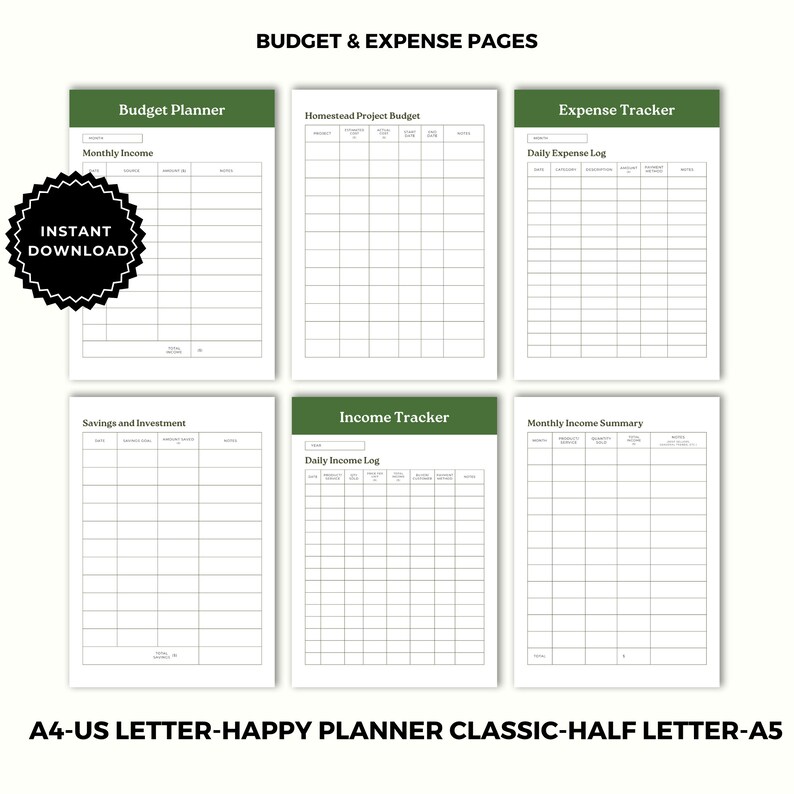 May include: Printable budget and expense tracker pages. The pages are designed for use with a Happy Planner Classic or similar planner. The pages include sections for monthly income, homestead project budget, daily expense log, savings and investment, daily income log, and monthly income summary.