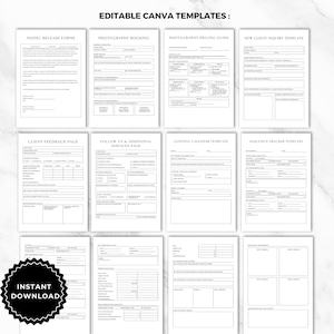 May include: A set of 10 printable Canva templates for photographers, including model release forms, photography booking, pricing guides, client inquiry forms, client feedback pages, follow-up and additional services pages, content calendar templates, and analytics tracker templates. The templates are black and white with a minimalist design.