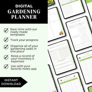 May include: A digital gardening planner with a green and white color scheme. The planner includes sections for monthly task tracking, garden goals, pest and disease log, and garden projects planning. The text "DIGITAL GARDENING PLANNER" is at the top of the image.