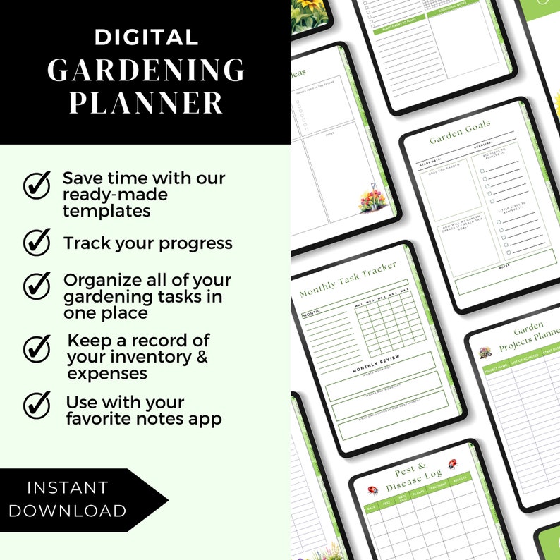 May include: A digital gardening planner with a green and white color scheme. The planner includes sections for monthly task tracking, garden goals, pest and disease log, and garden projects planning. The text "DIGITAL GARDENING PLANNER" is at the top of the image.