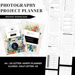 May include: A printable photography project planner with a watercolor floral design and a vintage camera illustration. The planner includes sections for session planning, client session timelines, photo shot lists, and more.