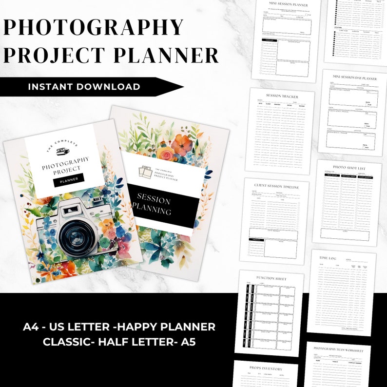 May include: A printable photography project planner with a watercolor floral design and a vintage camera illustration. The planner includes sections for session planning, client session timelines, photo shot lists, and more.
