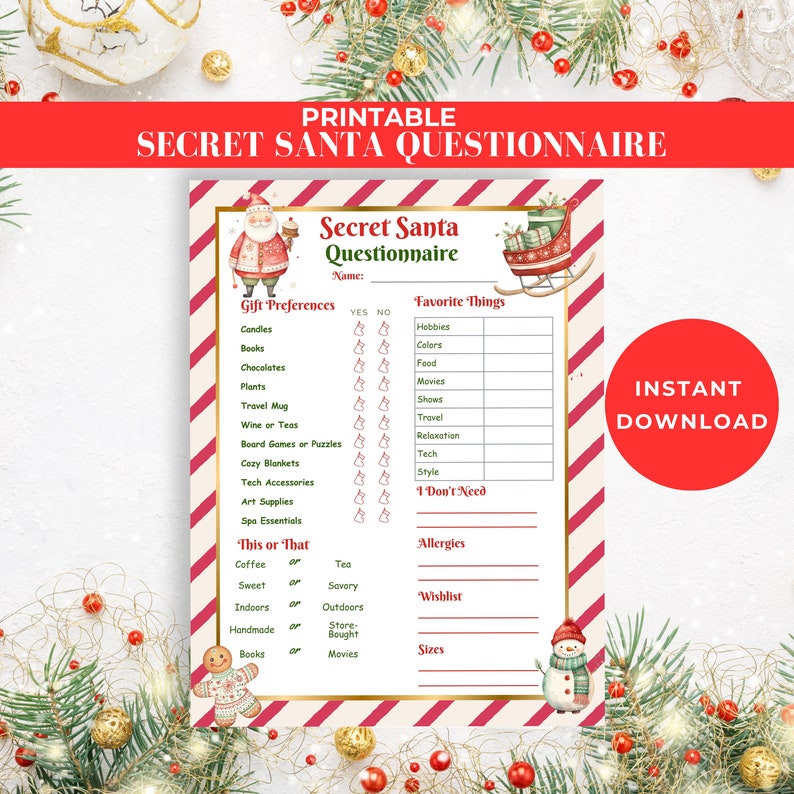 Printable Secret Santa Questionnaire for Work/office/family Gift