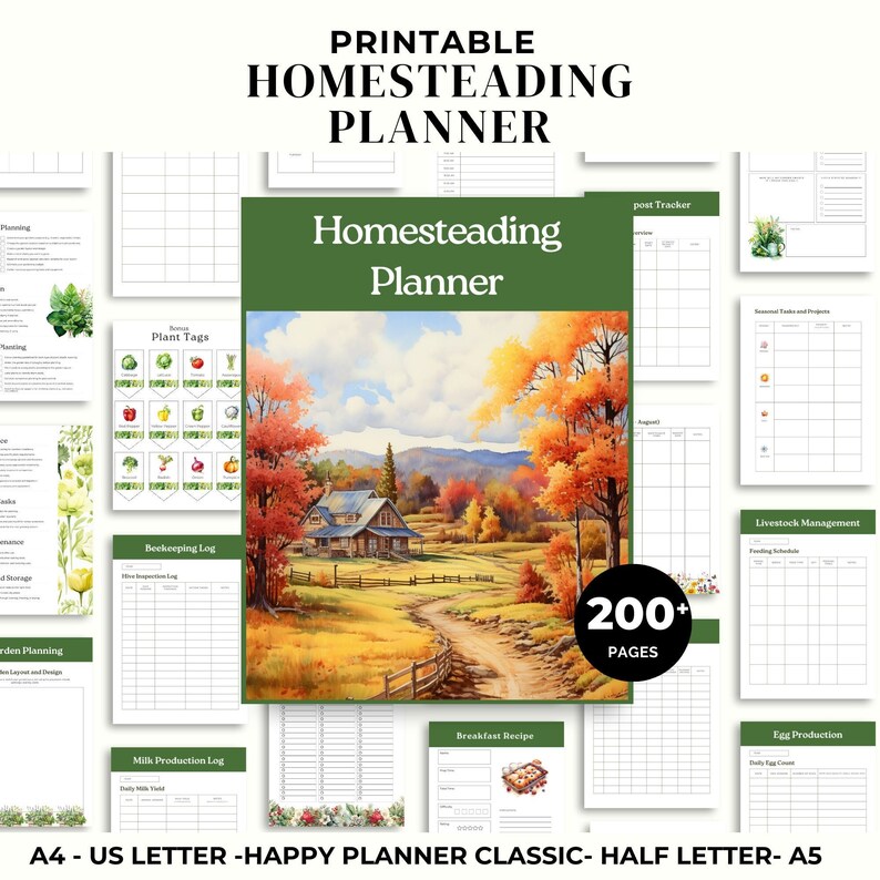 May include: A printable homesteading planner with over 200 pages. The cover features a watercolor painting of a farmhouse in a fall landscape with a winding path leading to the house. The planner includes sections for gardening, livestock management, and more.