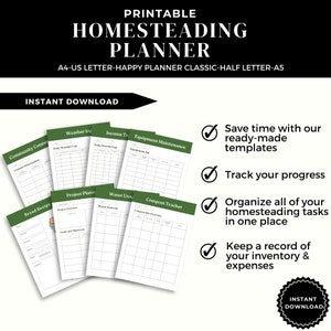 May include: Printable homesteading planner with a green background and checkmarks. The planner includes sections for community connections, weather log, income tracking, equipment maintenance, bread recipes, project planning, water usage, and compost tracking. The text "INSTANT DOWNLOAD" is in a green circle at the bottom right.