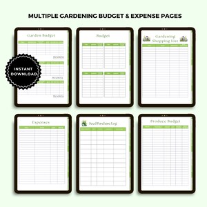 May include: Six printable pages for a gardening budget and expense tracker. The pages include sections for a garden budget, a general budget, a gardening shopping list, expenses, a seed purchase log, and a produce budget.
