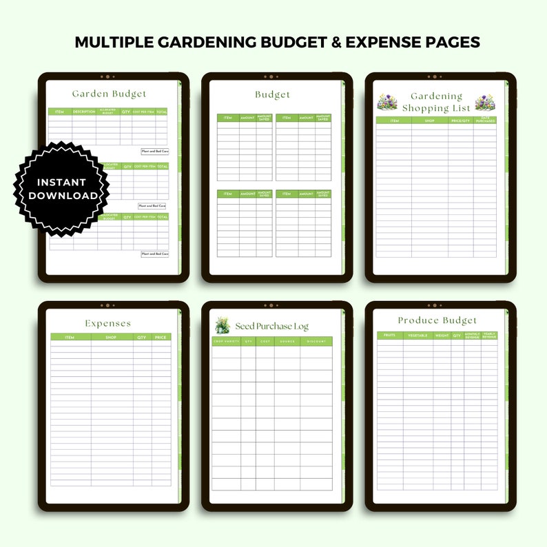 May include: Six printable pages for a gardening budget and expense tracker. The pages include sections for a garden budget, a general budget, a gardening shopping list, expenses, a seed purchase log, and a produce budget.