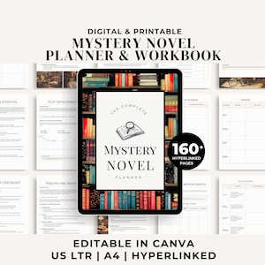 以下が含まれることがあります： 160ページ以上のハイパーリンク付きのデジタル版および印刷可能なミステリー小説プランナーとワークブック。表紙には、拡大鏡と「The Complete Mystery Novel Planner」というテキストが書かれた本棚が描かれています。