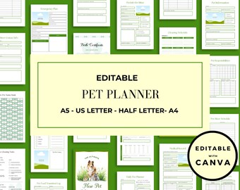 Editable Pet Planner Bundle| New Puppy Planner |Pet Health|Dog Training Log|Pet Organizer|Vaccination Record|Cat Care Journal|Canva Template