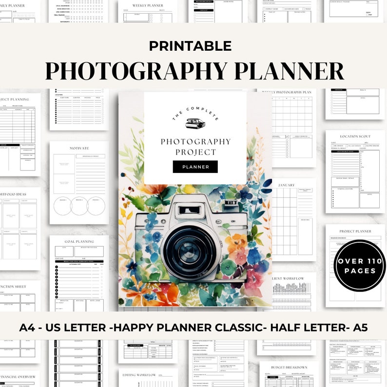 May include: A printable photography planner with over 110 pages. The cover features a watercolor illustration of a camera with flowers. The planner includes sections for project planning, goal setting, client workflow, and financial overview.