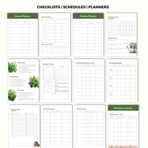 May include: A printable set of checklists, schedules, and planners for gardening. The pages feature a green and white color scheme with illustrations of plants and gardening tools.