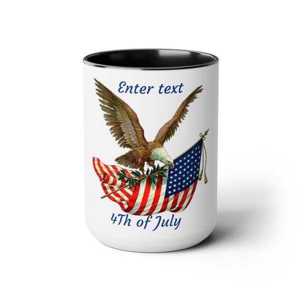 Customize able Two-Tone Coffee Mugs, 15oz, The Bald Eagle flying with the American flag, Celebrating Independence day mug.