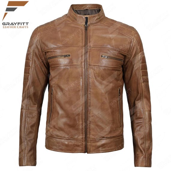 Jaqueta de couro encerado vintage Cafe Racer Camel Jaqueta de