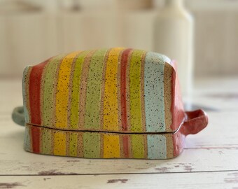 Colorfully striped and speckled butter box - handmade and decorated with love!