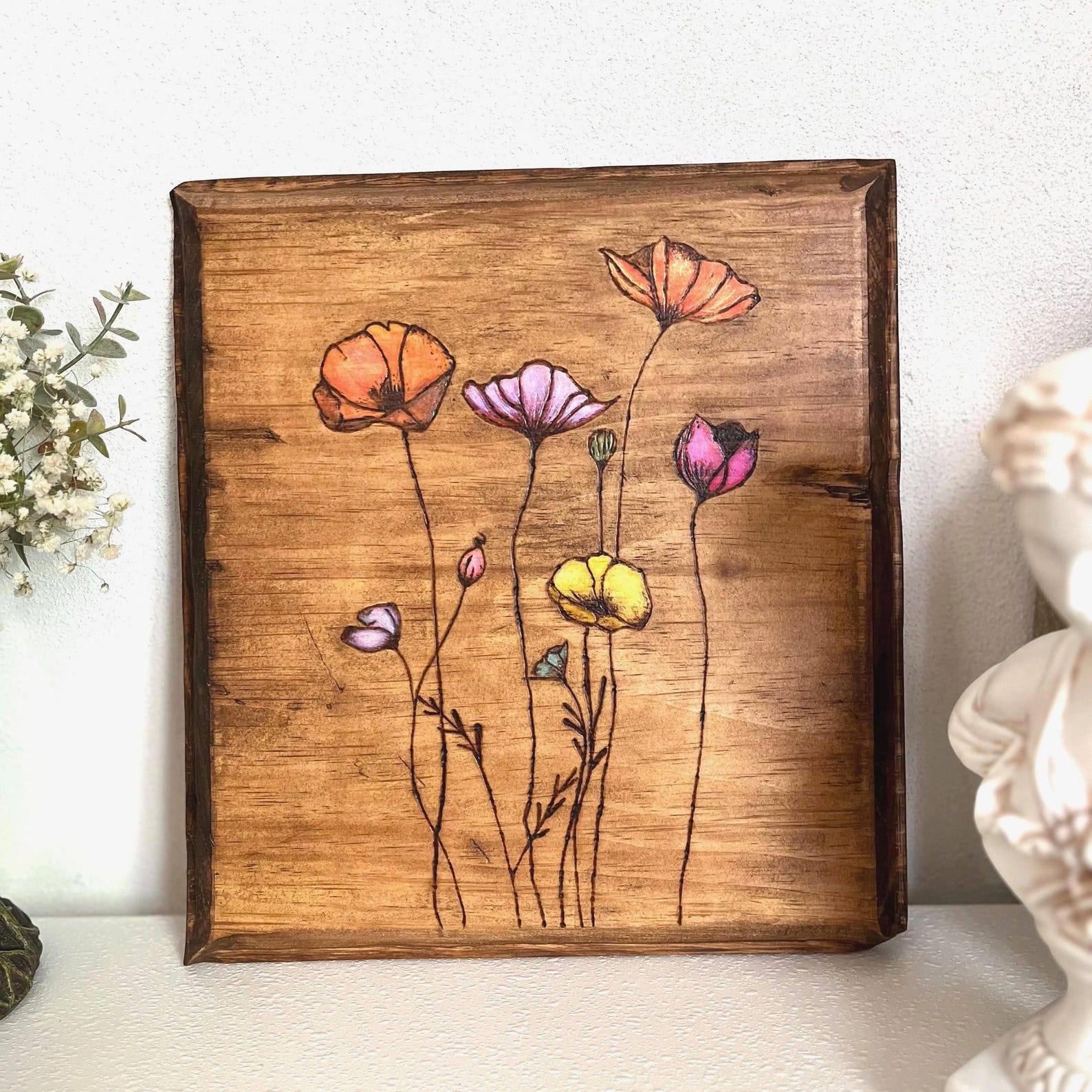 Handmade Pyrography Floral Panel - Botanical Wood Burned Art | Poppy ...