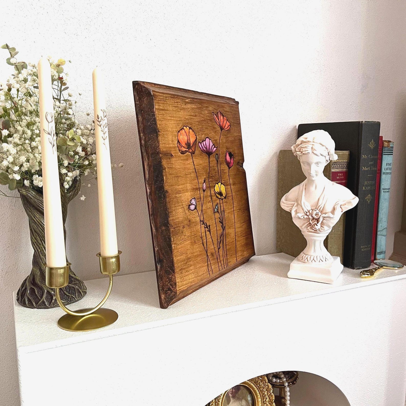 Handmade Pyrography Floral Panel - Botanical Wood Burned Art | Poppy ...