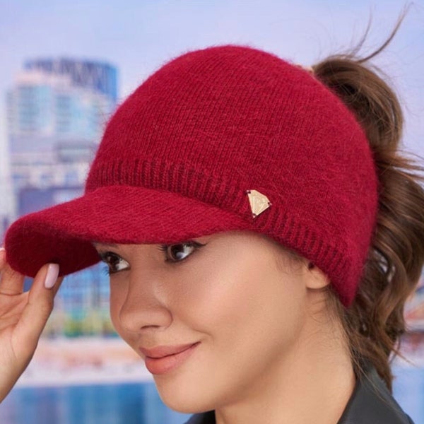 Damen WOLLE Winter Basecap Mütze für Frauen Zopfloch Wolle Angora warme Mütze Strick Grau Dunkelrot Wollmütze Hut  4967