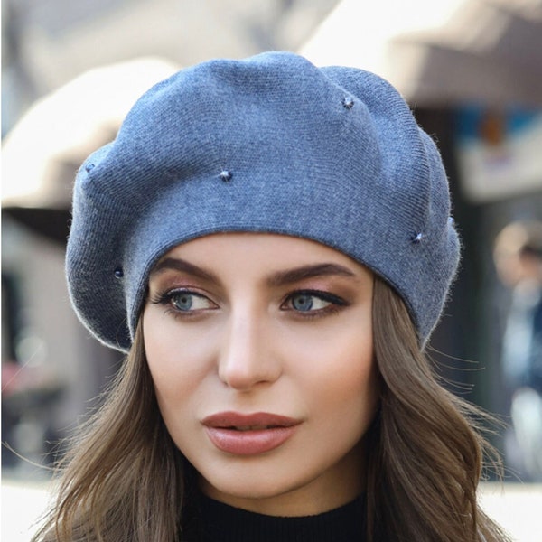 Klassischer Winter Damen Beret Hut mit Perlen, Ideal Für Frühling, Herbst oder Winter In verschiedenen Farben 6071