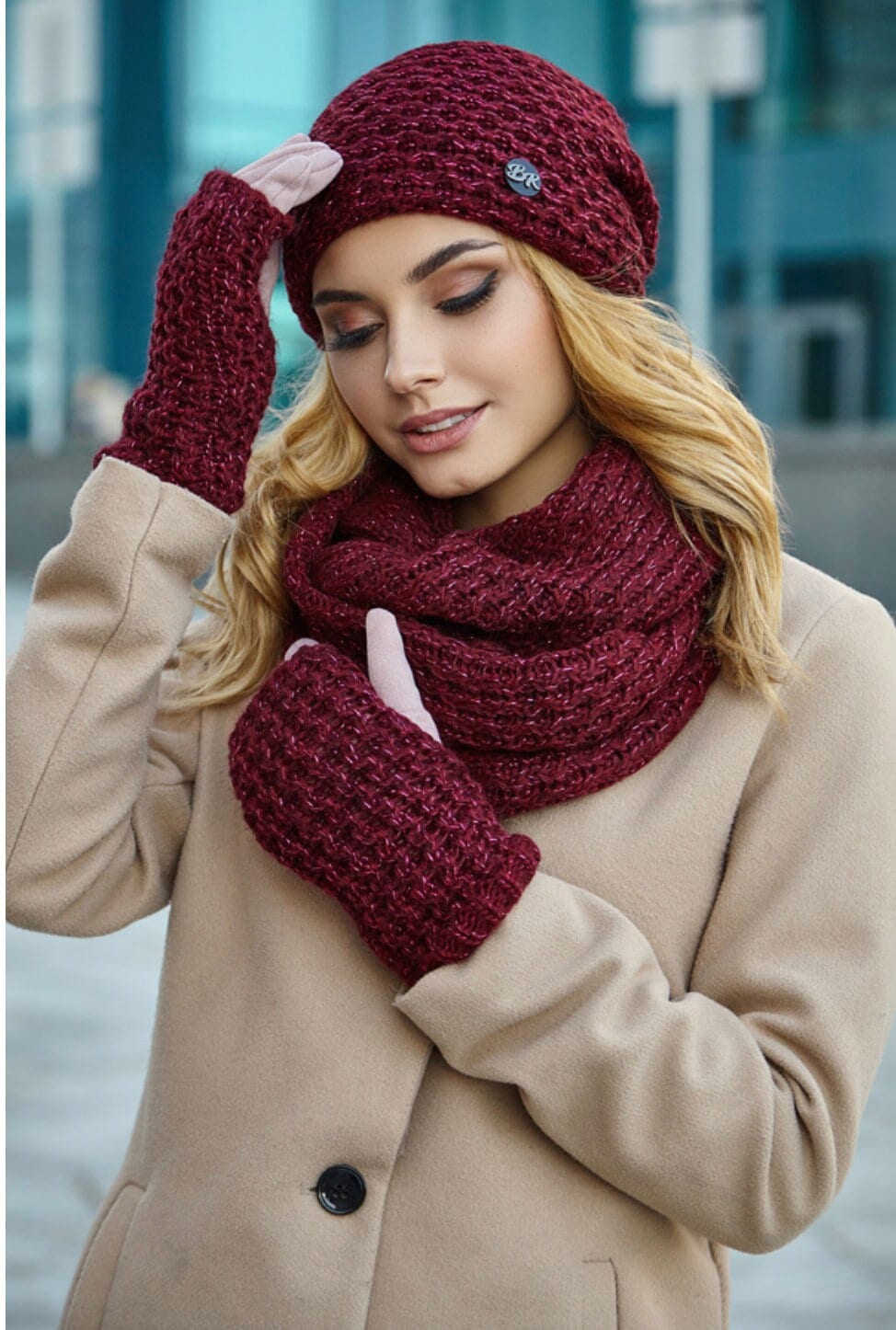 Set da donna caldo in pile foderato con cappello, guanti e scaldacollo in pile caldo lavorato a maglia scaldacollo in lana termica cappello guanti caldi set sciarpa, Beige, Etichettalia unica