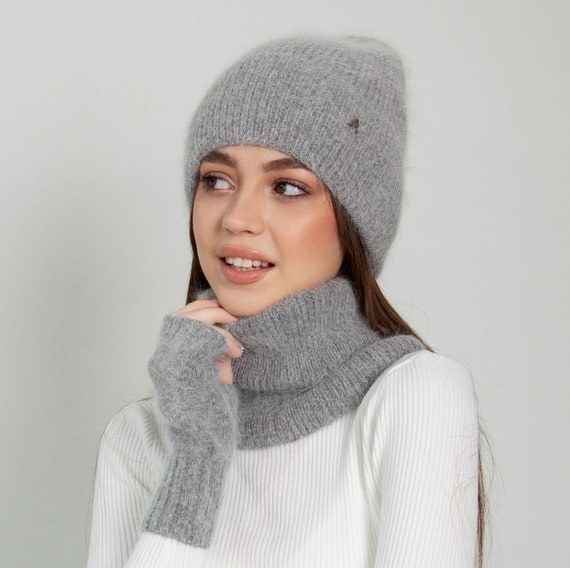 10 colors ANGORA WOOL wool knit SET loop scarf and hat ladies angora  fingerless gloves hand warmers knitted winter wool knit hat