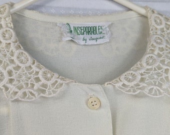 Vtg Victorian Blouse Lg Ivory Sheer Peter Pan Collar Lace Button Up Lolita FLAW