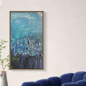Strukturierte blaue Wanddekoration, abstrakte Natur, Wandkunst, Acrylgemälde, Leinwand, Wanddeko, handgefertigte Bergästhetische Wandmalerei, einzigartiges Geschenk Bild 1