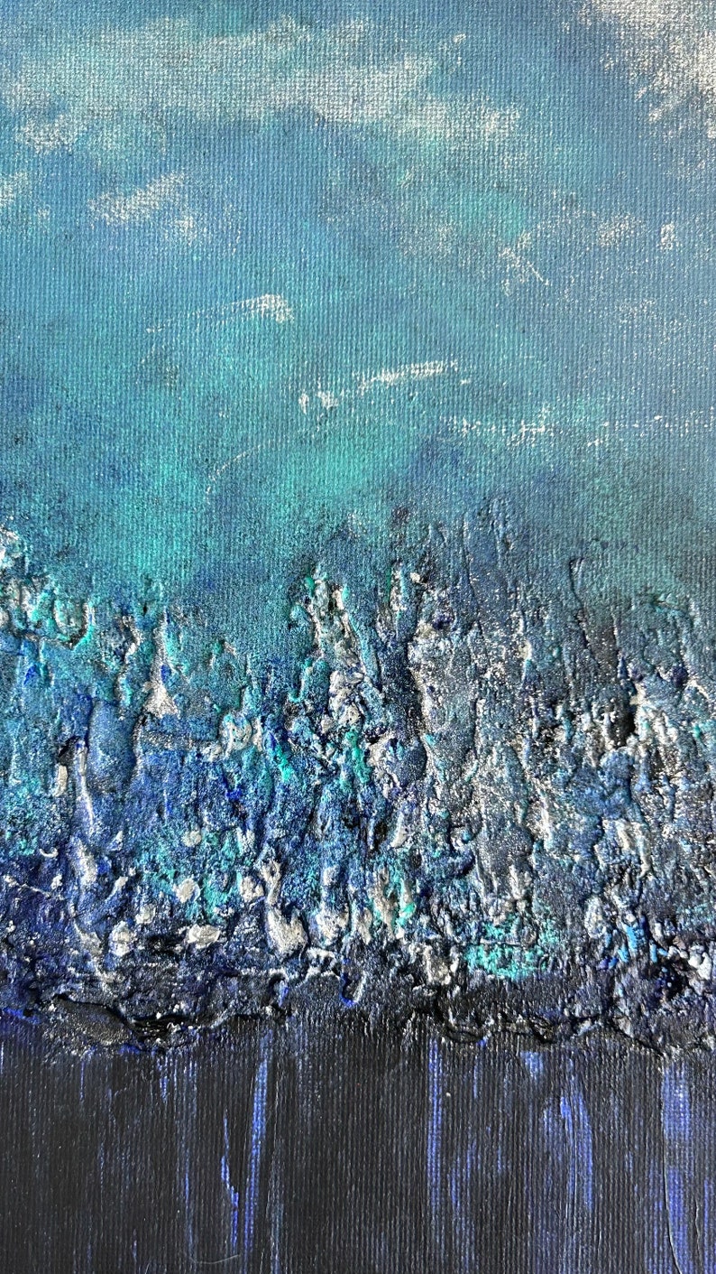 Strukturierte blaue Wanddekoration, abstrakte Natur, Wandkunst, Acrylgemälde, Leinwand, Wanddeko, handgefertigte Bergästhetische Wandmalerei, einzigartiges Geschenk Bild 6